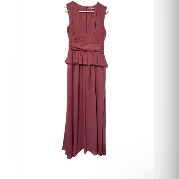 Anthropologie LDT Vneck  Peplum Waist Pink shimmer Chiffon Maxi Long Gown - Picture 2 of 9